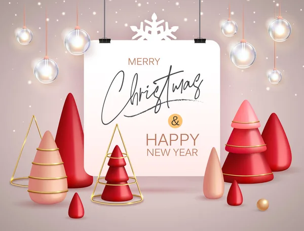 Χριστουγεννιάτικο Φόντο Διακοπών Ρεαλιστικά Πλαστικά Χριστουγεννιάτικα Δέντρα Καλά Χριστούγεννα Και — Διανυσματικό Αρχείο