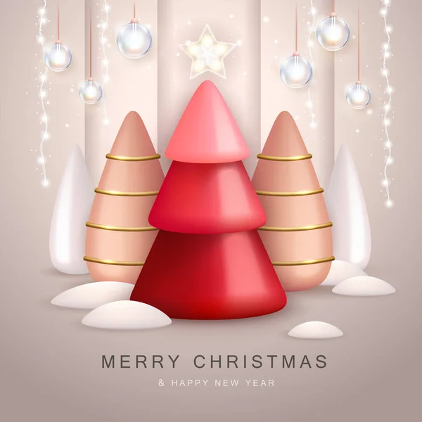 Χριστουγεννιάτικο Φόντο Διακοπών Ρεαλιστικά Πλαστικά Χριστουγεννιάτικα Δέντρα Καλά Χριστούγεννα Και — Διανυσματικό Αρχείο