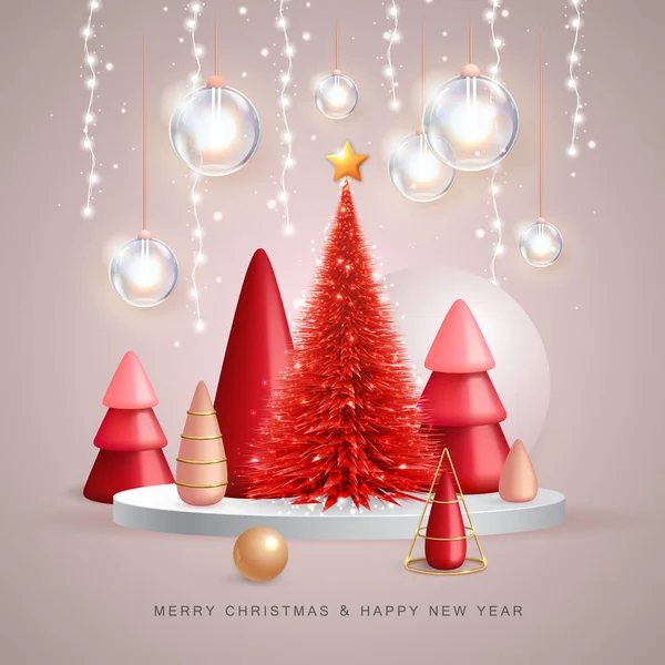 Christmas Holiday Background Realistic Plastic Christmas Trees Merry Christmas Happy — Vetor de Stock