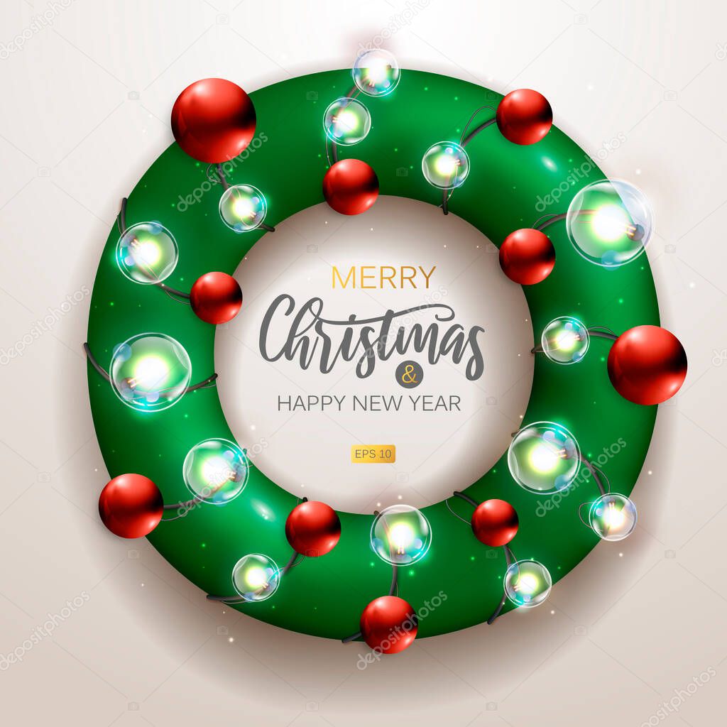 Christmas holiday wreath with modern electric lamps. Christmas decoration with light garland. Vector illustration