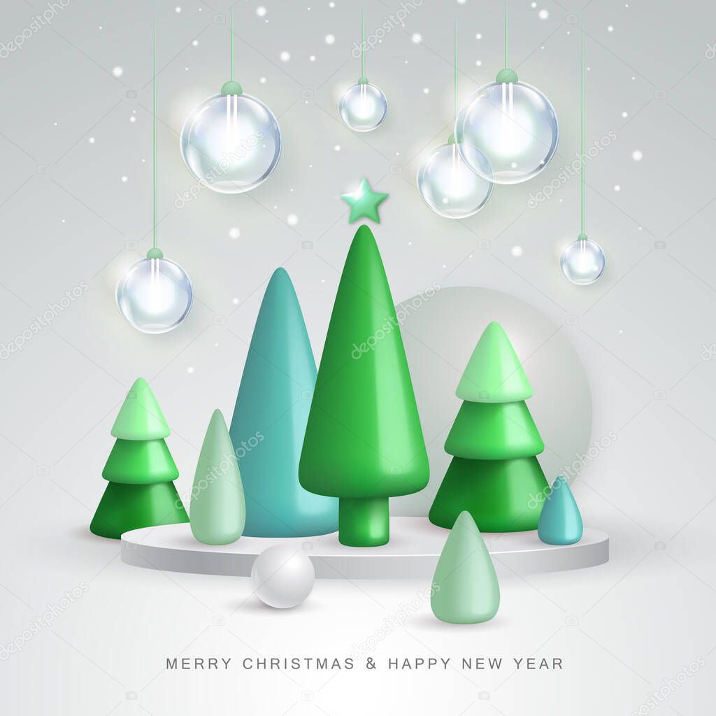 Christmas holiday background with realistic 3D plastic Christmas trees. Merry Christmas and Happy new Year greeting card. Vector illustration