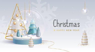 Christmas holiday snow globe with realistic 3D plastic Christmas trees. Merry Christmas and Happy new Year background. Vector illustration