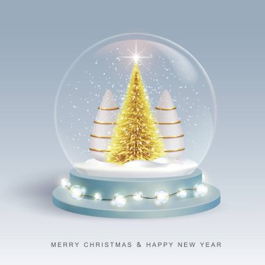 Christmas holiday snow globe with realistic 3D plastic Christmas trees. Merry Christmas and Happy new Year background. Vector illustration