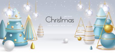 Christmas holiday background with realistic 3D plastic Christmas trees. Merry Christmas and Happy new Year greeting card. Vector illustration