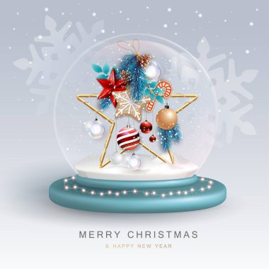 Christmas snow globe with 3D star and decoration. Merry Christmas and Happy new Year holiday greeting card. Vector illustration