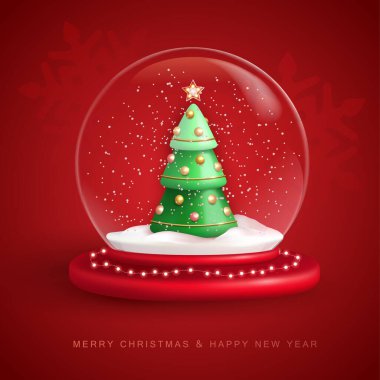 Christmas snow globe with 3D plastic Christmas tree. Merry Christmas and Happy new Year holiday greeting card. Vector illustration