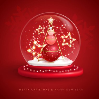 Christmas snow globe with 3D plastic Christmas tree. Merry Christmas and Happy new Year holiday greeting card. Vector illustration