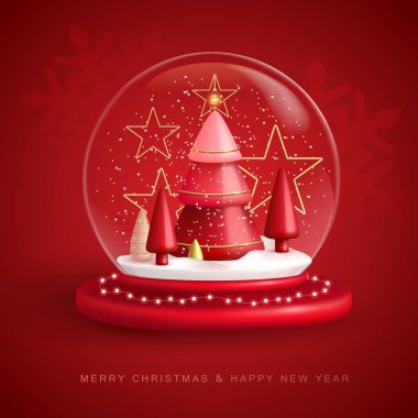 Christmas snow globe with 3D plastic Christmas tree. Merry Christmas and Happy new Year holiday greeting card. Vector illustration