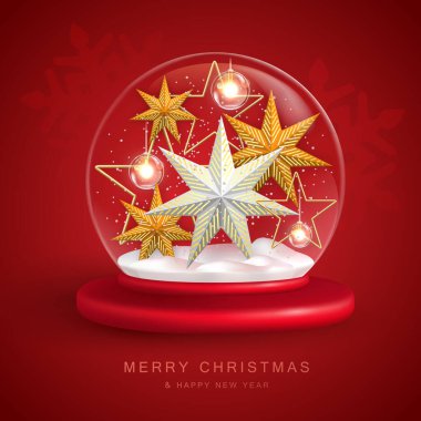 Christmas holiday snow globe with 3D Christmas star. Merry Christmas and Happy new Year background. Vector illustration