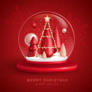 Christmas snow globe with 3D plastic Christmas tree. Merry Christmas and Happy new Year holiday greeting card. Vector illustration