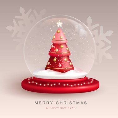 Christmas snow globe with 3D plastic Christmas tree. Merry Christmas and Happy new Year holiday greeting card. Vector illustration