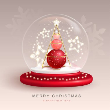 Christmas snow globe with 3D plastic Christmas tree. Merry Christmas and Happy new Year holiday greeting card. Vector illustration