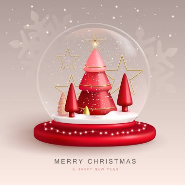Christmas snow globe with 3D plastic Christmas tree. Merry Christmas and Happy new Year holiday greeting card. Vector illustration