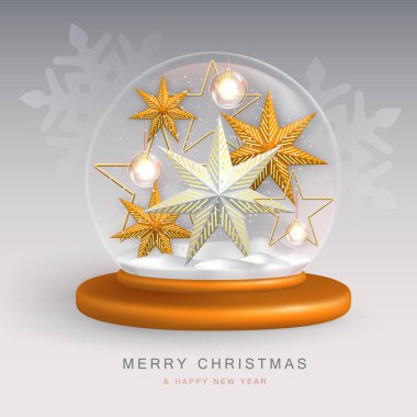 Christmas holiday snow globe with 3D Christmas star. Merry Christmas and Happy new Year background. Vector illustration