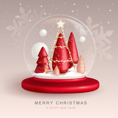 Christmas snow globe with 3D plastic Christmas tree. Merry Christmas and Happy new Year holiday greeting card. Vector illustration