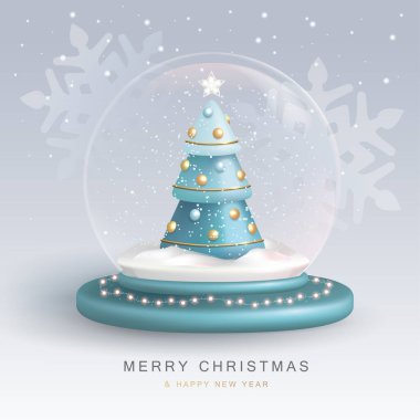 Christmas snow globe with 3D plastic Christmas tree. Merry Christmas and Happy new Year holiday greeting card. Vector illustration
