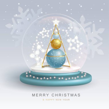 Christmas snow globe with 3D plastic Christmas tree. Merry Christmas and Happy new Year holiday greeting card. Vector illustration