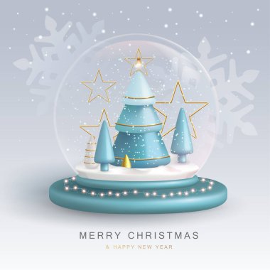 Christmas snow globe with 3D plastic Christmas tree. Merry Christmas and Happy new Year holiday greeting card. Vector illustration