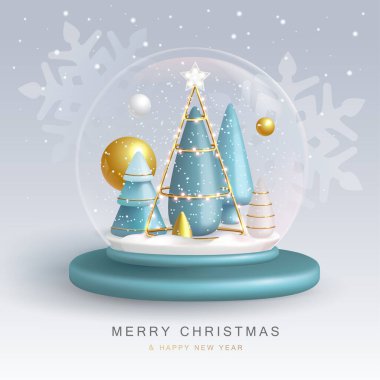 Christmas snow globe with 3D plastic Christmas tree. Merry Christmas and Happy new Year holiday greeting card. Vector illustration