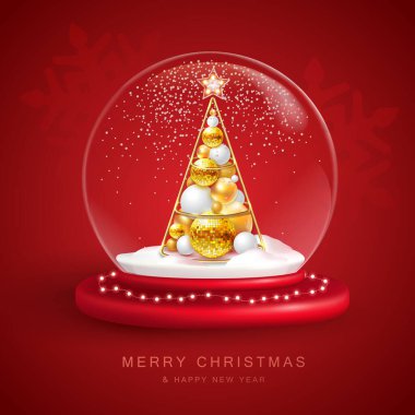 Christmas snow globe with 3D plastic Christmas tree. Merry Christmas and Happy new Year holiday greeting card. Vector illustration