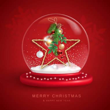 Christmas snow globe with 3D star and decoration. Merry Christmas and Happy new Year holiday greeting card. Vector illustration