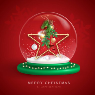 Christmas snow globe with 3D star and decoration. Merry Christmas and Happy new Year holiday greeting card. Vector illustration