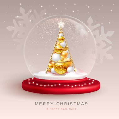 Christmas snow globe with 3D plastic Christmas tree. Merry Christmas and Happy new Year holiday greeting card. Vector illustration