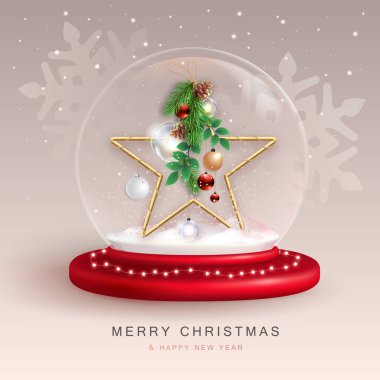 Christmas snow globe with 3D star and decoration. Merry Christmas and Happy new Year holiday greeting card. Vector illustration