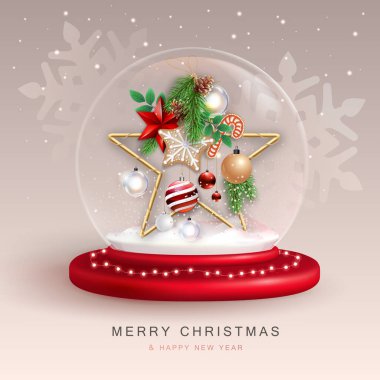 Christmas snow globe with 3D star and decoration. Merry Christmas and Happy new Year holiday greeting card. Vector illustration