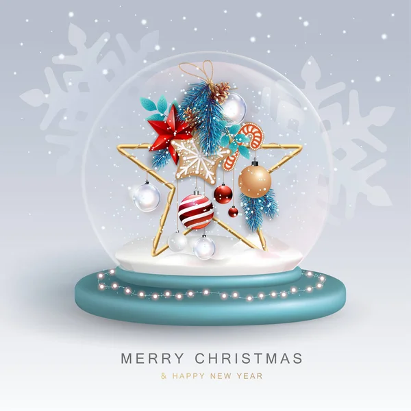 Christmas Snow Globe Star Decoration Merry Christmas Happy New Year — Image vectorielle