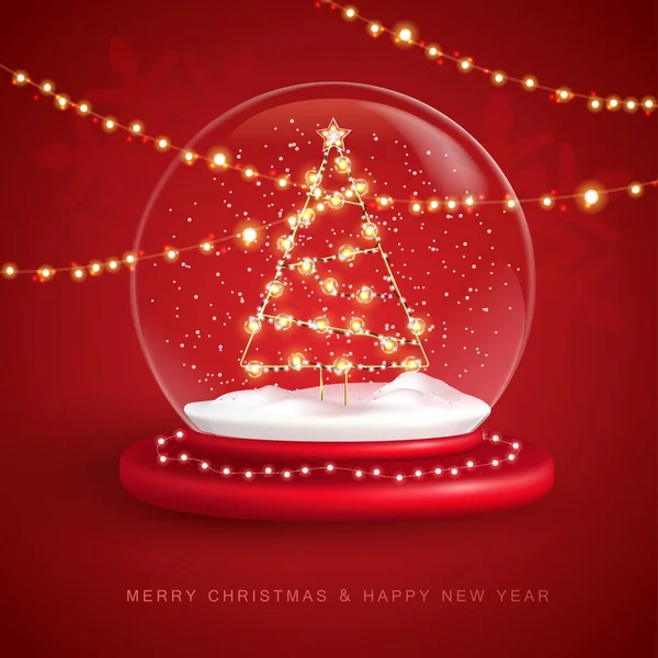 Christmas snow globe with Christmas tree. Merry Christmas and Happy new Year holiday greeting card. Vector illustration