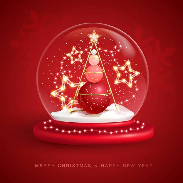 Christmas Snow Globe Plastic Christmas Tree Merry Christmas Happy New —  Vetores de Stock