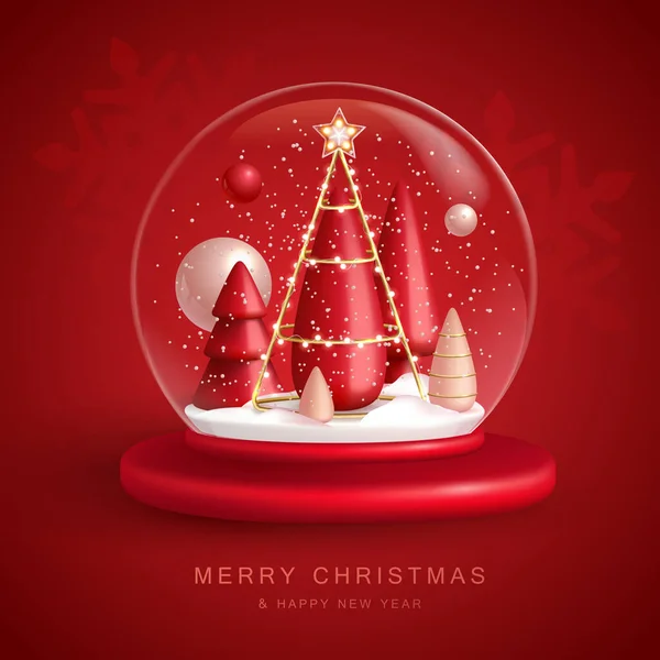 Christmas snow globe with 3D plastic Christmas tree. Merry Christmas and Happy new Year holiday greeting card. Vector illustration