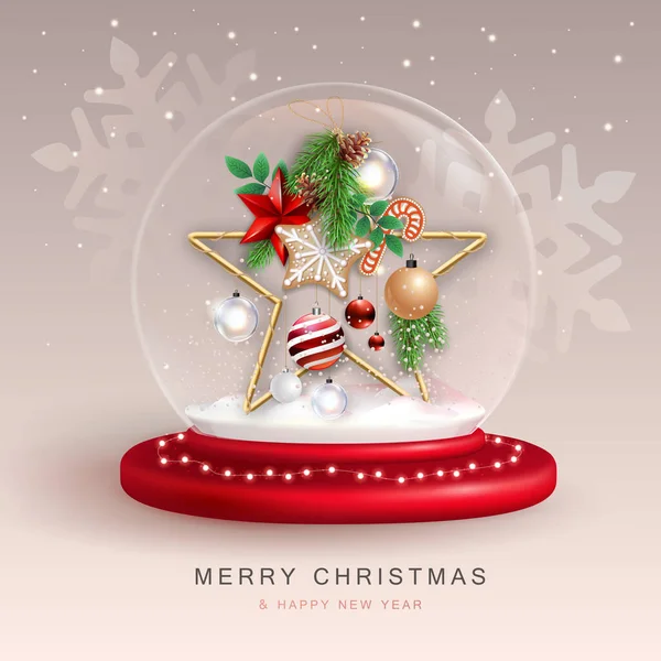 Christmas snow globe with 3D star and decoration. Merry Christmas and Happy new Year holiday greeting card. Vector illustration