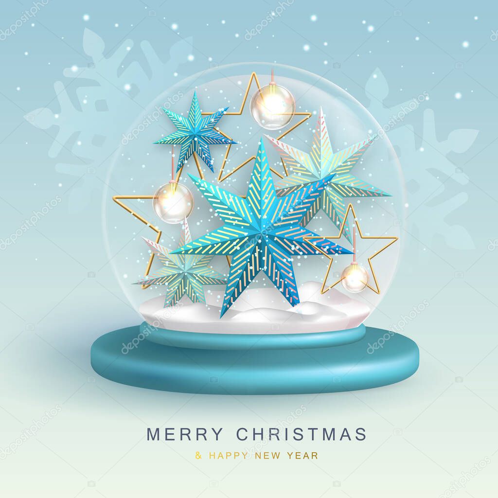 Christmas holiday snow globe with 3D Christmas star. Merry Christmas and Happy new Year background. Vector illustration