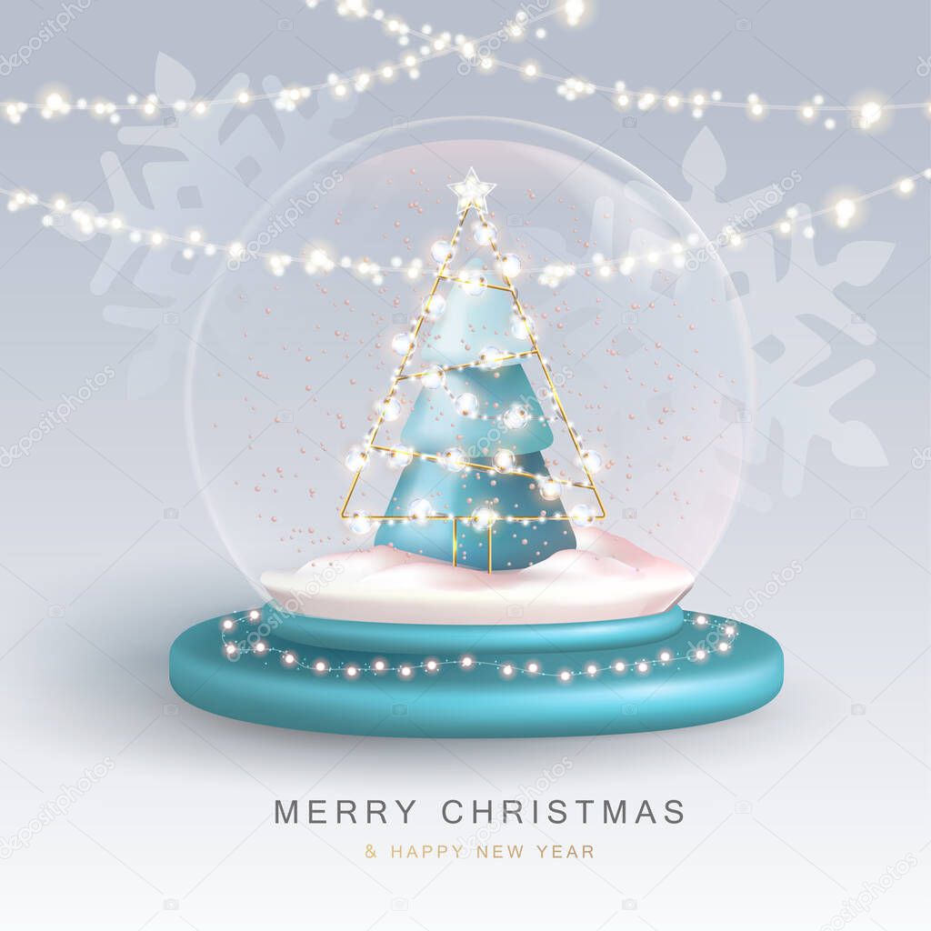 Christmas snow globe with 3D plastic Christmas tree. Merry Christmas and Happy new Year holiday greeting card. Vector illustration
