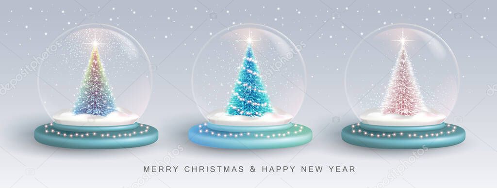Set of Christmas snow globes with 3D Christmas tree. Merry Christmas and Happy new Year holiday greeting card. Vector illustration
