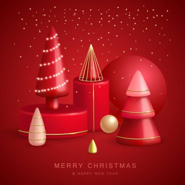 Christmas holiday background with realistic 3D plastic Christmas trees. Merry Christmas and Happy new Year greeting card. Vector illustration