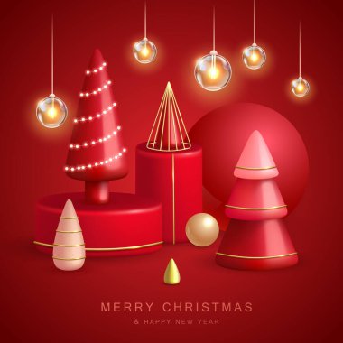 Christmas holiday background with realistic 3D plastic Christmas trees. Merry Christmas and Happy new Year greeting card. Vector illustration