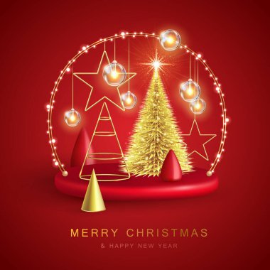 Christmas holiday background with realistic 3D plastic Christmas trees. Merry Christmas and Happy new Year greeting card. Vector illustration