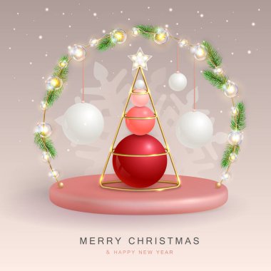 Christmas holiday background with realistic 3D plastic Christmas trees. Merry Christmas and Happy new Year greeting card. Vector illustration