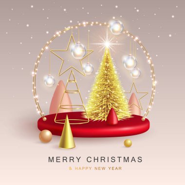 Christmas holiday background with realistic 3D plastic Christmas trees. Merry Christmas and Happy new Year greeting card. Vector illustration