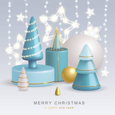 Christmas holiday background with realistic 3D plastic Christmas trees. Merry Christmas and Happy new Year greeting card. Vector illustration