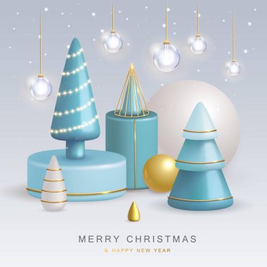 Christmas holiday background with realistic 3D plastic Christmas trees. Merry Christmas and Happy new Year greeting card. Vector illustration