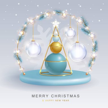 Christmas holiday background with realistic 3D plastic Christmas trees. Merry Christmas and Happy new Year greeting card. Vector illustration