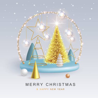 Christmas holiday background with realistic 3D plastic Christmas trees. Merry Christmas and Happy new Year greeting card. Vector illustration