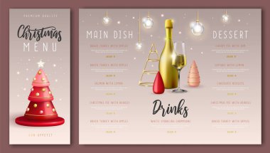 Gerçekçi 3 boyutlu plastik Noel ağaçları ve şampanya şişesi olan Noel restoranı menüsü tasarımı. Vektör illüstrasyonu