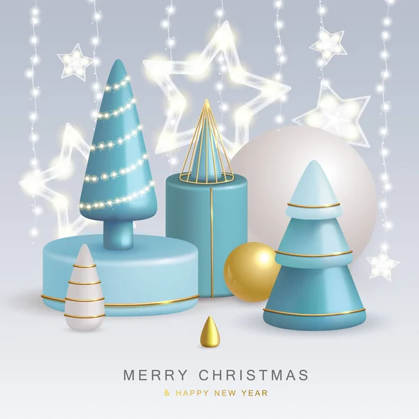 Christmas Holiday Background Realistic Plastic Christmas Trees Merry Christmas Happy — Image vectorielle