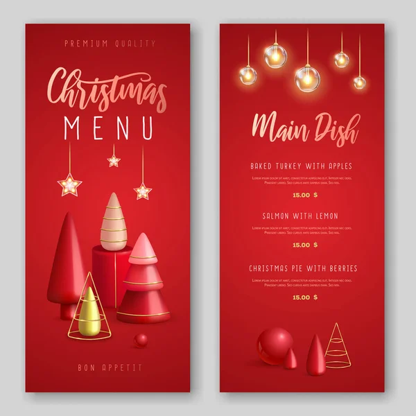 Kerstvakantie Restaurant Menu Ontwerp Met Realistische Plastic Kerstbomen Vrolijk Kerstfeest — Stockvector