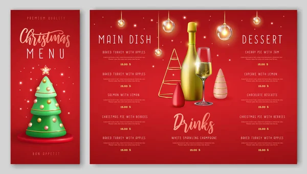 Design Del Menu Del Ristorante Natalizio Con Realistici Alberi Natale — Vettoriale Stock